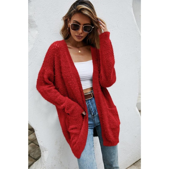 Open Front Openwork Fuzzy Cardigan with Pockets - Picture 4 of 11